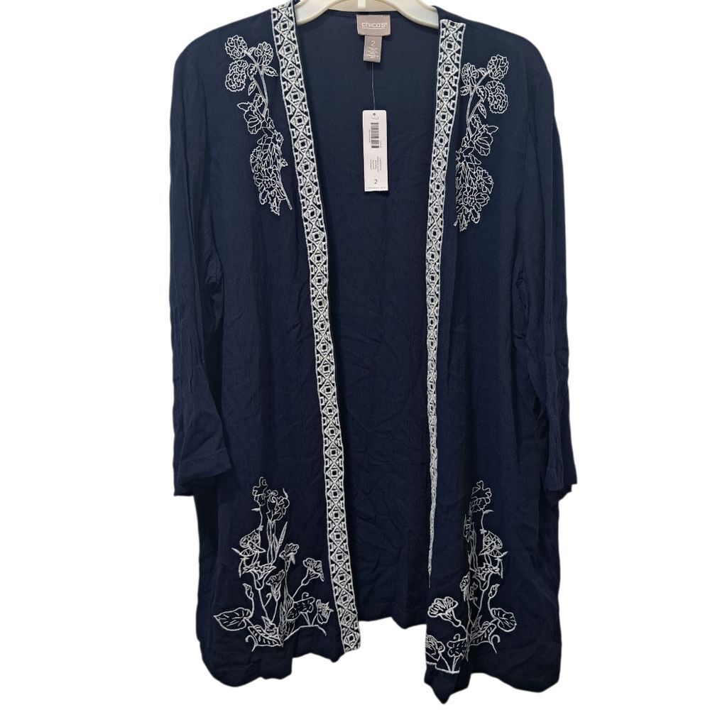 Chico's Floral Embroidery Pattern Crinkle Open Front Cardi Jacket Midnight Sz 2
